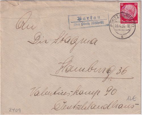 DR - Barkau ü. Pönitz (Ostholst.) Landpost-Ra2 Brief n. Hamburg 1936