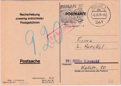 BRD - Mölln 1975 Postsache/Nachforderung Postgebühren 9,20 M. Ortskarte