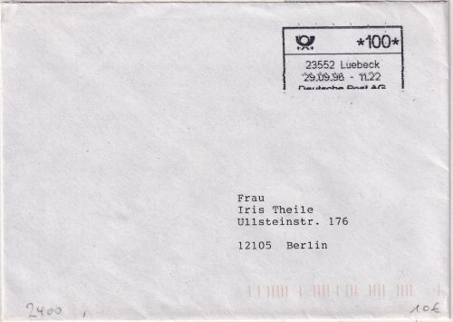 BRD - ABAS Versuch 100 Pfg. Brief Lübeck - Berlin 29.9.96 mit Quittung