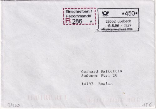 BRD - ABAS Versuch 450 Pfg. Einschreibebrief Lübeck - Berlin 16.11.96