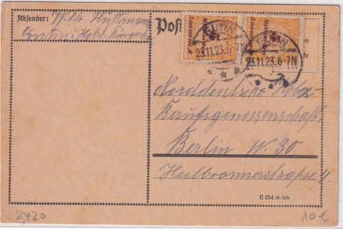 DR-Infla - 2x5 Mrd. Korbdeckel Karte Eutin - Berlin 23.11.23