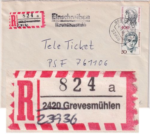 BRD - 400+50 Pfg. Frauen Einschreibebrief Grevesmühlen 1993 Aushilfs-R-Zettel