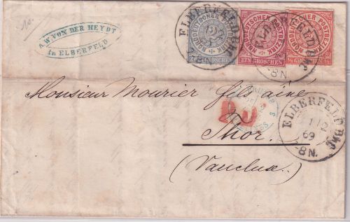 NDP - 2+1+1/2 Gr. dst. Brief n. FRANKREICH K2 Elberfeld Bhf. - Thor 1869