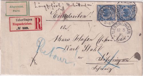 DR - 2x20 Pfg Krone/Adler Einschreibebrief i.d. SCHWEIZ Überlingen 1895 Retour !