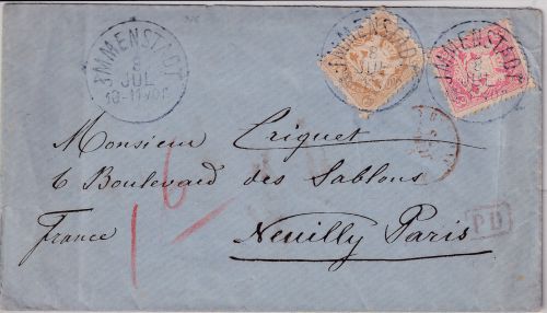 Bayern - 6+3 Kr. Wappen gez. Brief n. FRANKREICH K1 Immenstadt - Paris 1873