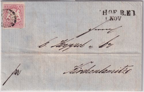 Bayern - 3 Kr. Wappen geschn. oMR 211 kl. Ziffern L2 Hof B.E. Brief 1867