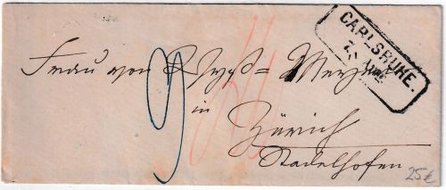 Baden/Schweiz - Carlsruhe 7. AUG Ra2 Portobrief n. Zürich 1864
