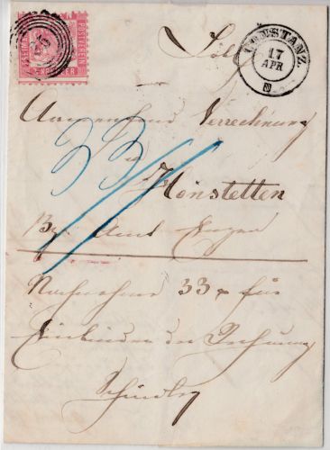 Baden - 3 Kr. Ausgabe 1862 Nachnahmebrief Ring 25 Constanz - Henstetten 1863
