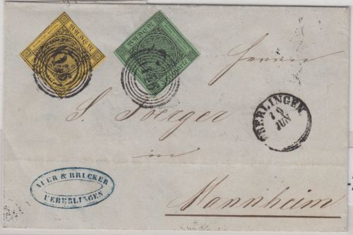 Baden - 3+6 Kr. Ausgabe 1853/55 Brief Ring 146 Überlingen - Mannheim 1858