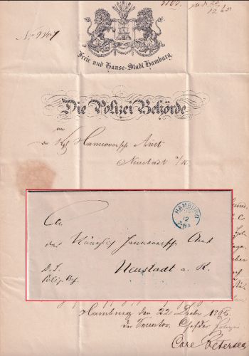 Hamburg - Hannov. Postamt K2 Polizeisache n. Neustadt a.R. 1865 - dek. Inhalt !!