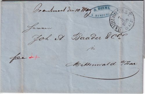 Hamburg - Th&T Postamt K1 Francobrief (4 Schilling) n. Mittenwald 1859