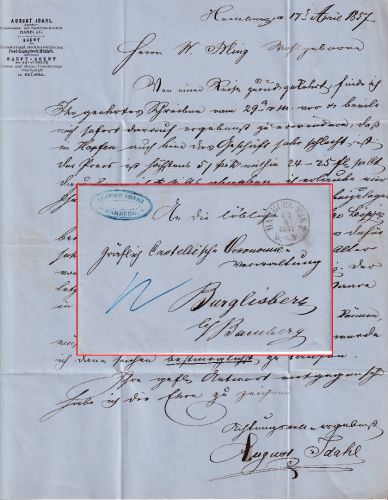 Hamburg - Th&T Postamt K1 Portobrief (12 Kreuzer) n. Burglisberg b. Bamberg 1857