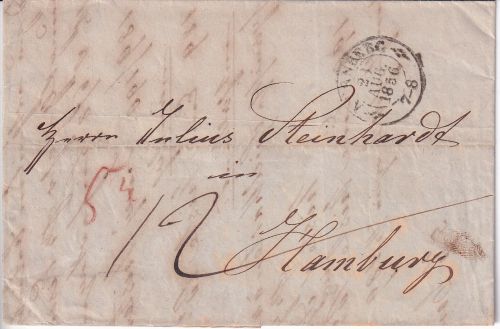 Bayern - Nürnberg 28. AUG 1856 OPA-K2 Portobrief (12 Kreuzer) n. Hamburg