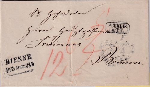 Schweiz - Bienne 1853 Aout 22 L2 + Ra2 "Schweiz TT" Portobrief n. Bremen