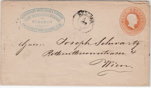 Baden - 9 Kr. Ausgabe 1863 Ganzsachenumschlag n. ÖSTERREICH Renchen 1865