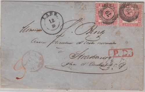 Baden/Frankreich - 2x3 Kr. Ausgabe 1862 Brief 79/Lahr - Strassbourg 1864