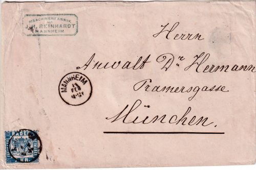 Baden/Bayern - 7 Kr. Ausgabe 1868 Brief Mannheim - München 1869