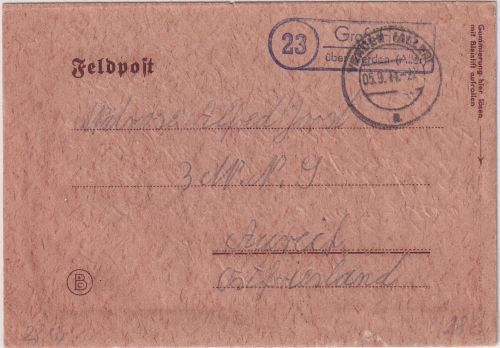 DR - (23) Groß Heins ü. Verden Landpost-Ra2 Feldpostbrief n. Aurich 5.9.44
