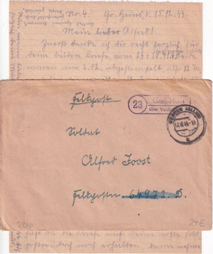 DR - (23) Groß Heins ü. Verden Landpost-Ra2 Feldpostbrief 12.12.44 - m. Inhalt