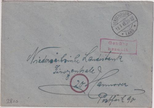 All.Bes. - Verden (Aller) Land 18.7.45 Gebühr bezahlt Ra2 Brief n. Hannover