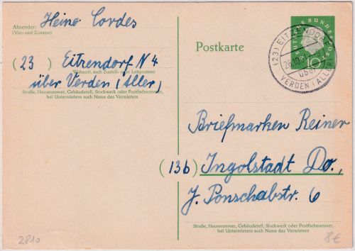 BRD - (23) Eitzendorf ü. Verden Poststelle I Ganzsache n. Ingolstadt 1961