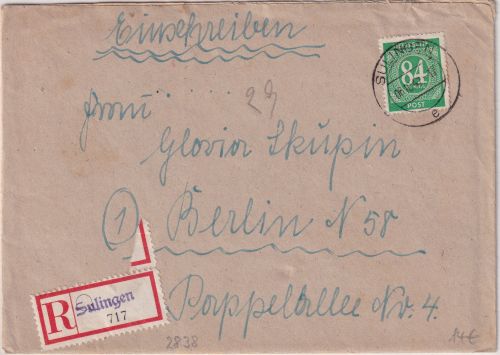 All.Bes. - Sulingen 6.10.47 84 Pfg. Ziffer Einschreibebrief n. Berlin