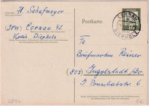 BRD - Cornau ü. Diepholz Poststelle I Ganzsache n. Ingolstadt 1963