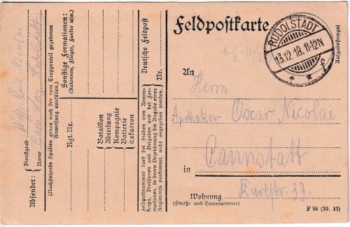 DR - Rudolstadt 13.12.18 Feldpostkarte (Garnisonslazarett) n. Cannstatt
