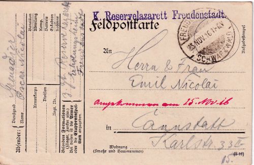 Württemberg - Freudenstadt 1916 L1 Reservelazarett Feldpostkarte n. Cannstatt