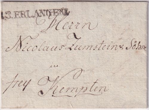 Bayern - R3 Erlangen L1 Francobrief (Zumstein) n. Kempten - mit Inhalt