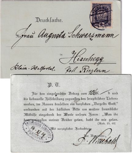 Österreich - 3 H. Krone Drucksachenkarte Feldkirch Hirschegg/Kleinwalsertal 1919