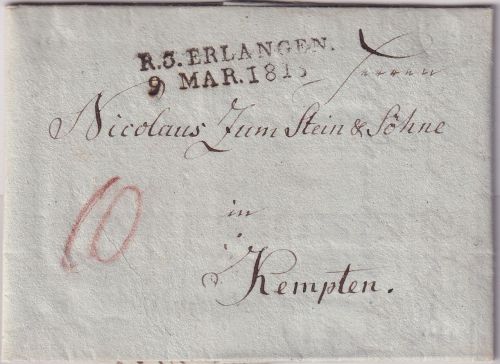 Bayern - R3 Erlangen 9. MAR 1813 L2 Portobrief n. Kempten - mit Inhalt