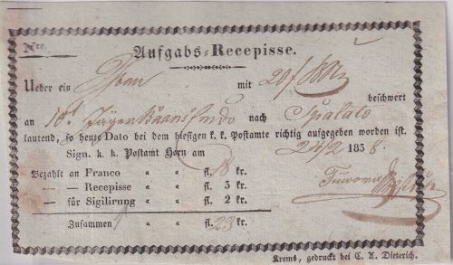 Österreich - Horn 1838 Aufgabs-Recepisse (Wertsendung) n. Split (10. Jäg.Btl.)