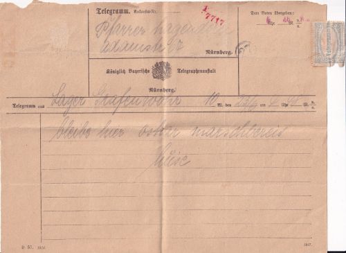 Bayern - Telegramm Vordruck Nürnberg 1914 aus Grafenwöhr