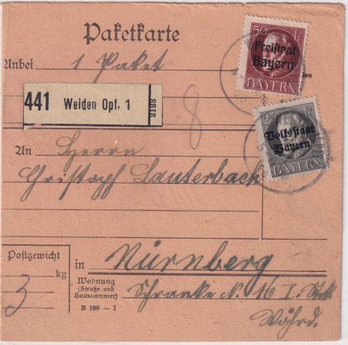 Bayern - 50+25 Pfg. Ludwig/Freistaat-Volksstaat Paketkarte Weiden Nürnberg 1920