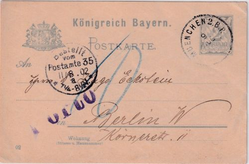 Bayern - 2 Pfg. Rauten Ganzsache München - Berlin 1902 Nachporto