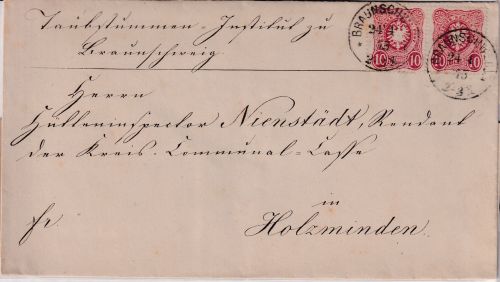 DR - 10 PfgE. waagr. Paar Doppelbrief Braunschweig - Holzminden 1875