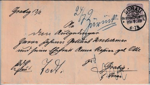 DR - 5 Pfg. Ortsbrief KOS Sorau (Niederlausitz) 1889 Retourvermerk "Todt"