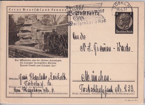 DR - 6 Pfg. Hindenburg Bildganzsache Affenfelsen Zoo Leipzig Döbeln München 1937