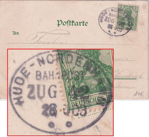 DR - Hude Nordenham Bahnpost Zug 42 Karte n. Rodenkirchen 1903