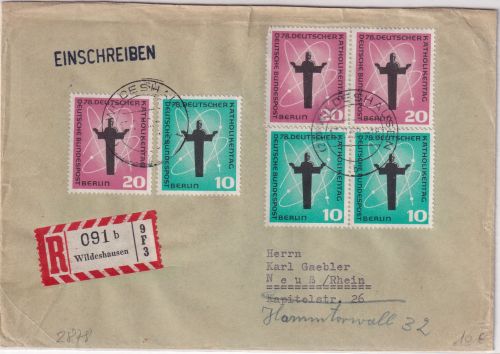 BRD/Berlin - Wildeshausen 1958 je3x10+20 Pfg. Dt. Katholikentag Einschreibebrief