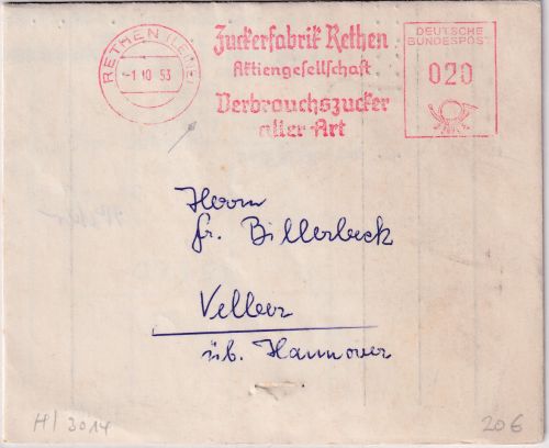 BRD - Rethen 1953 20 Pfg. AFS Zuckerfabrik Faltbrief n. Velber ü. Hannover