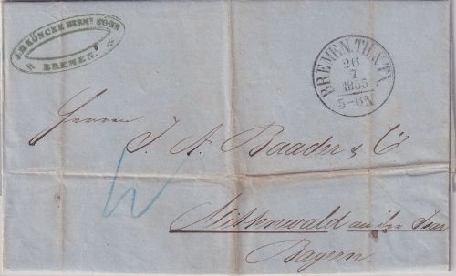 Bremen/Bayern - Th&T Postamt K1 Portobrief n. Mittenwald 1855
