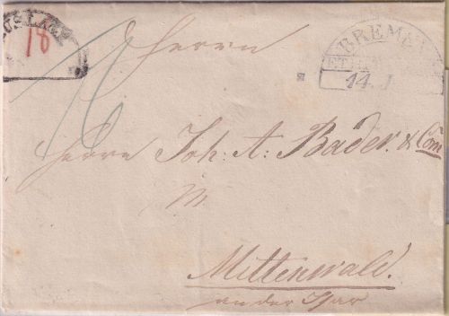 Bremen/Bayern - Th&T Postamt HKS Auslagenbrief (Nürnberg) n. Mittenwald 1836