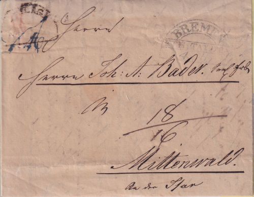 Bremen/Bayern - Th&T Postamt HKS Auslagenbrief (Nürnberg) n. Mittenwald 1840