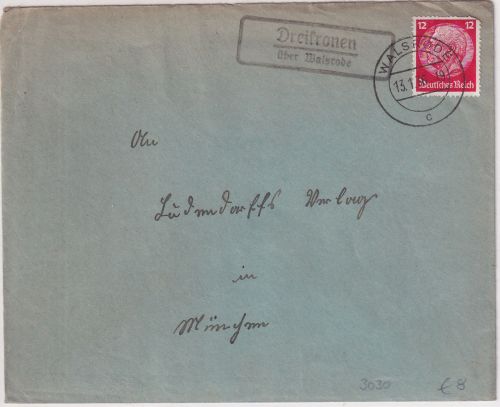 DR - Dreikronen ü. Walsrode Landpost-Ra2 Brief n. München 1936