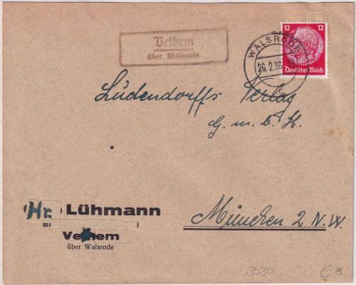 DR - Vethem ü. Walsrode Landpost-Ra2 Brief n. München 1936