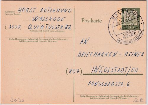 BRD - Walsrode Löns-Stadt 1962 apt. Handwerbestempel Ganzsache n. Ingolstadt
