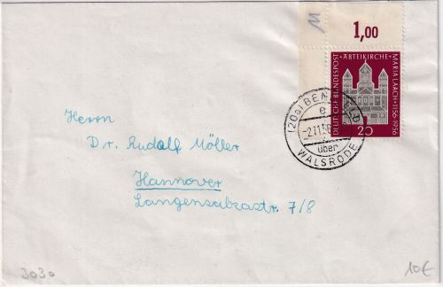 BRD - (20a) Benefeld ü. Walsrode Poststelle I Brief n. Hannover 1956