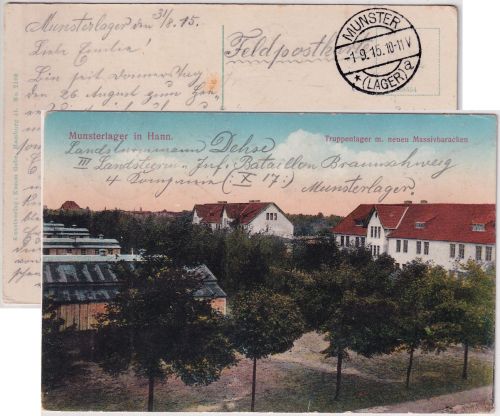 DR - Munster (Lager) 1915 Tagesstpl. Feldpostkarte (Lager-AK) n. Cramme b. Barum